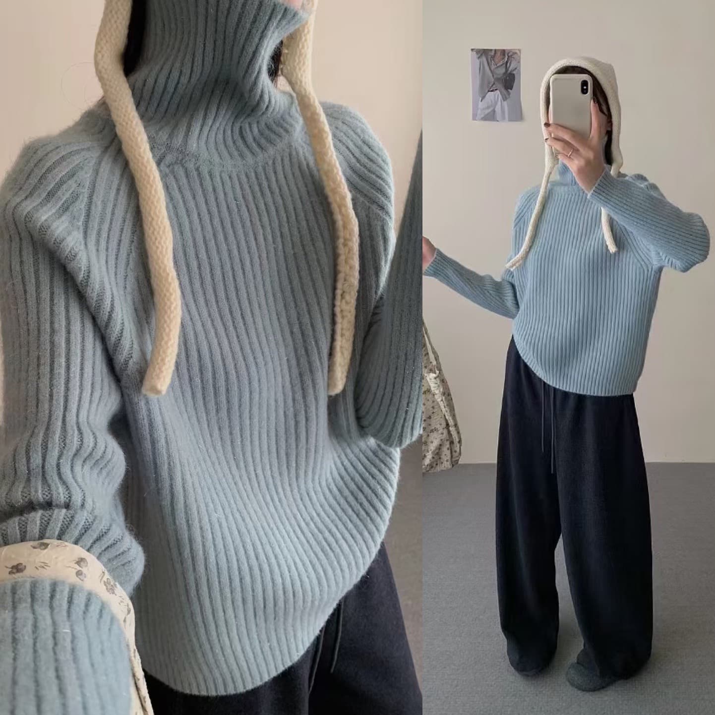 【骨格ウェーブ】縦リブ編みゆったりタートルネックニット