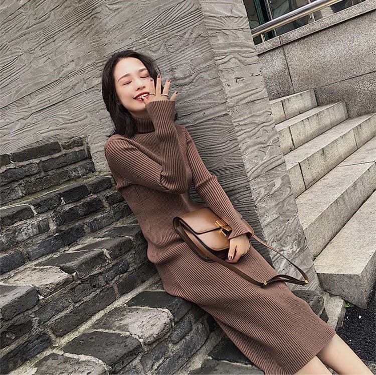 【骨格ナチュラル】ニット ワンピース ロング丈 タートルネック 長袖 大人美人