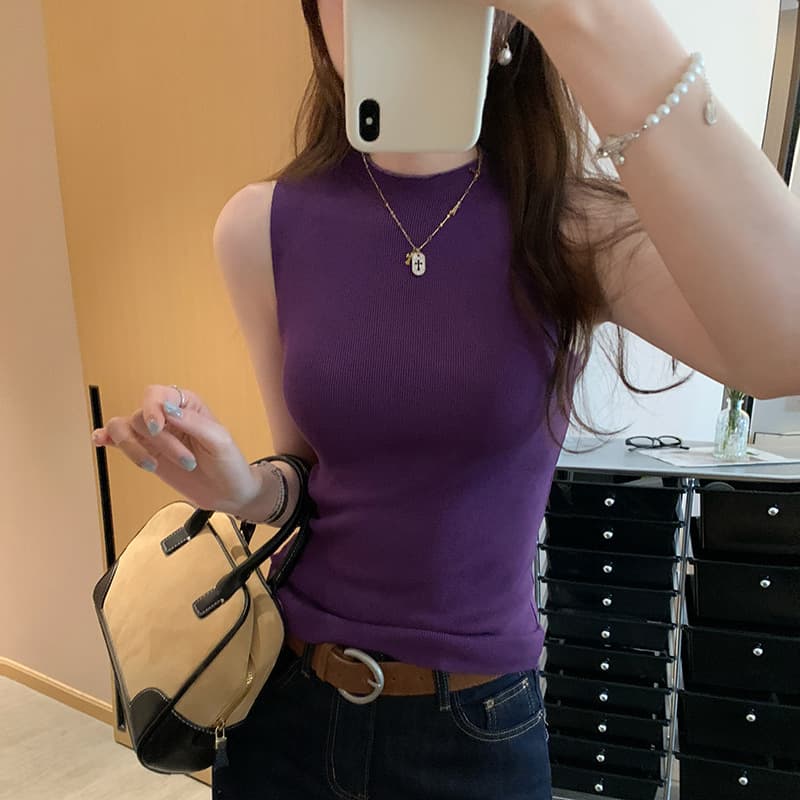 モックネック　レディース　ノースリーブ　レトロ風ノースリーブニット　S~L