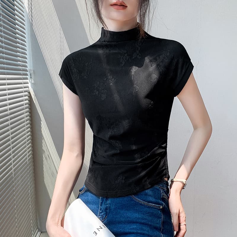 花柄ジャガード織り半袖タートルネックシャツ　レディース