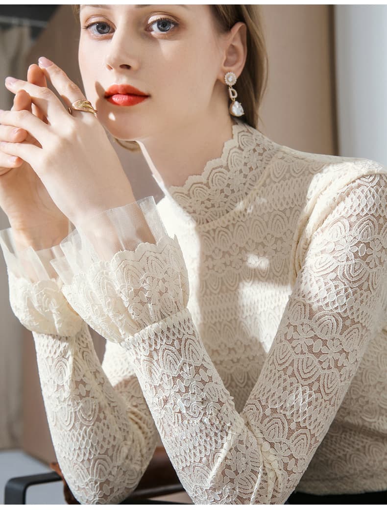 タートルネック レディース　長袖　薄手花柄レースタートルネックブラウス