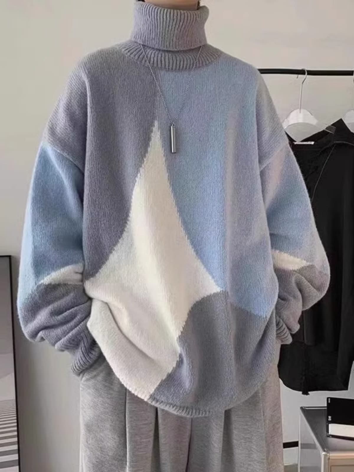 メンズ幾何学模様ゆったりタートルネックニットセーター　大きいサイズ　ぽっちゃり対応  S〜5XL