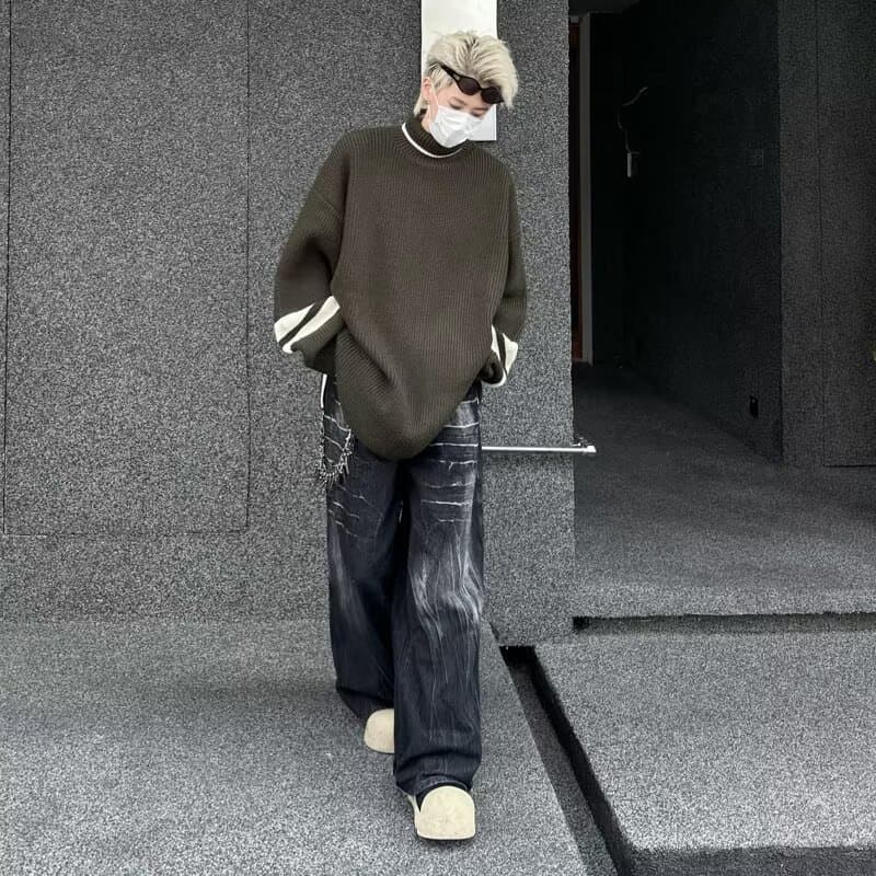タートルネックレトロ風バイカラーリラックスセーター M~3XL