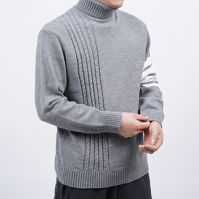 袖ライン入りケーブル編みタートルネックセーター　メンズ　M~2XL