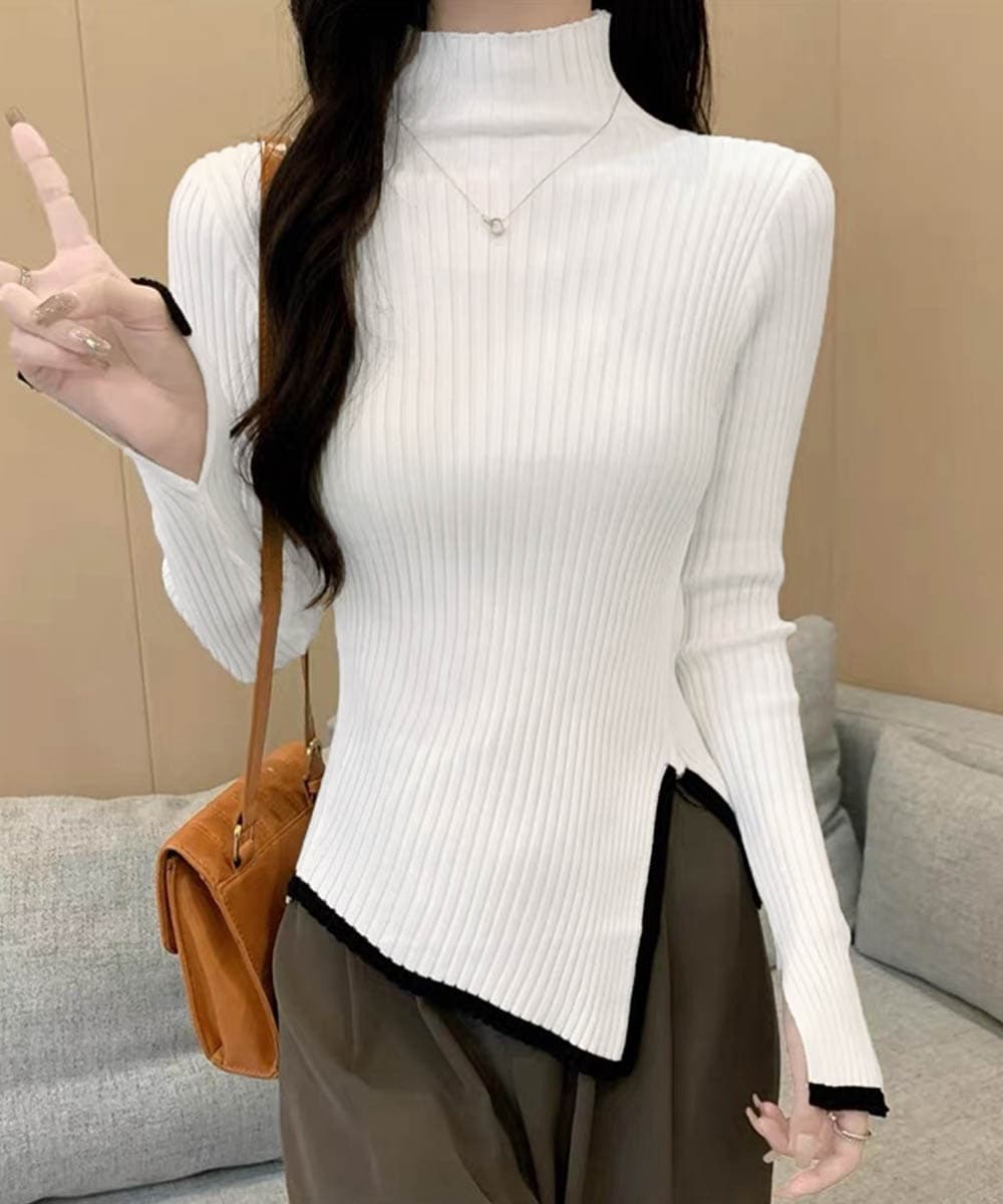 【骨格ストレート】1枚でラインがきれいに見える ハイネックリブトップス　レディース　長袖