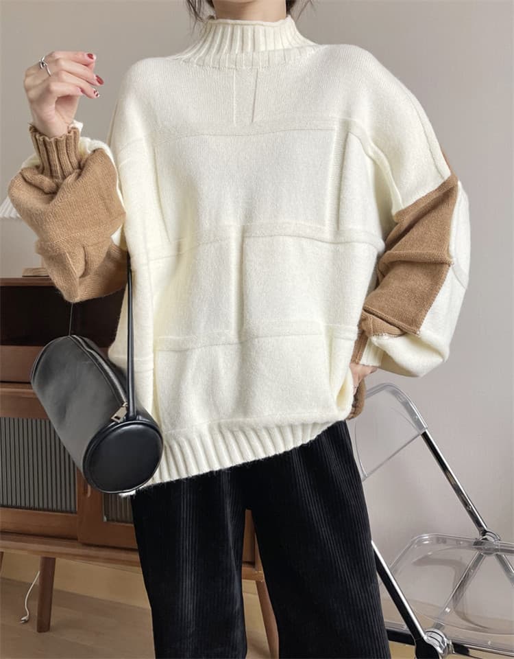 配色切替袖ゆったりタートルネックセーター