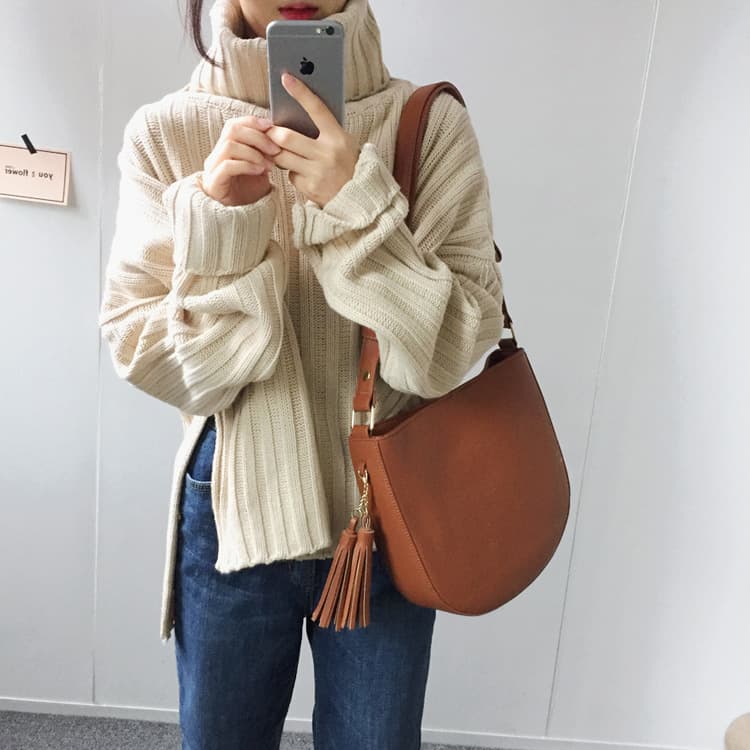 体型カバー編みニットセーター レディースタートルネック