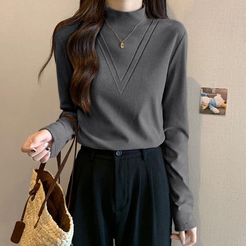 首元に品を添える、装飾デザインリブトップス｜一枚で整う大人のハイネック　M〜2XL