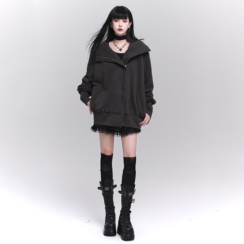 ビッグカラーフーデッドジップアップジャケット　ハイネック　レディース　S M