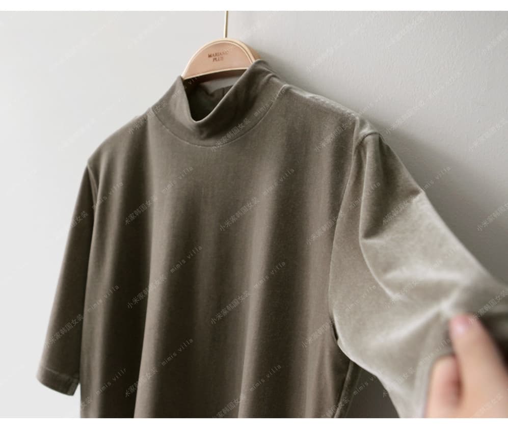 タートルネック　レディース　半袖　ゆったりベロア風半袖プルオーバー