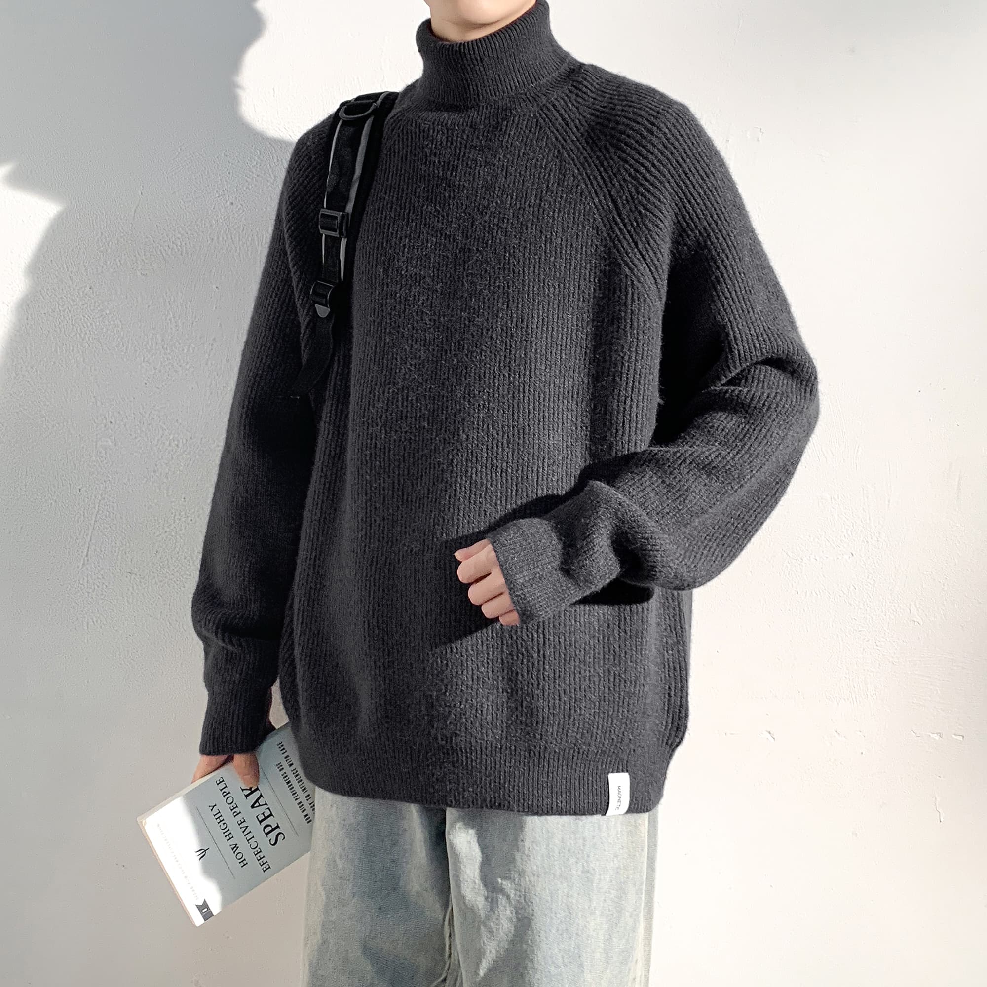 ゆったりシルエット畦編みタートルネックニット　メンズ　S~XXL