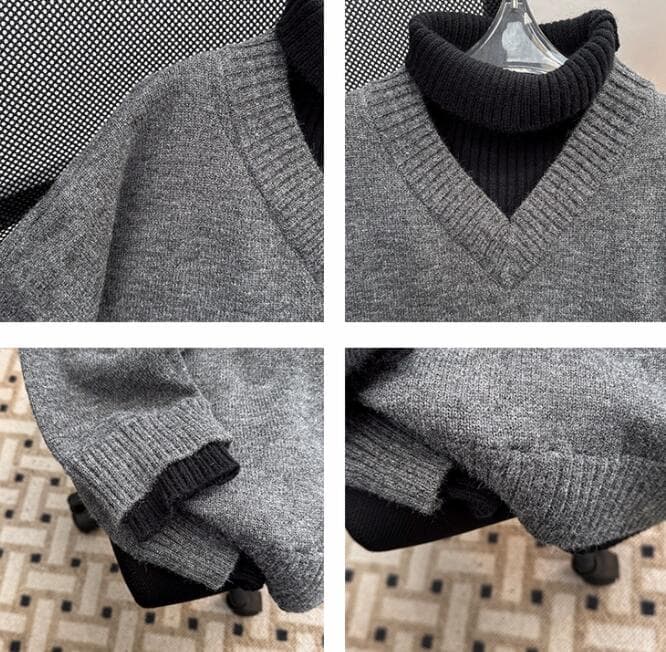配色切替タートルネック重ね着風セーター　メンズ　M〜2XL