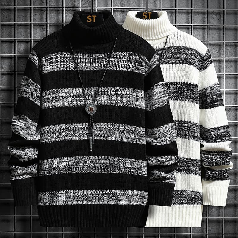 太ボーダー柄タートルネックニットセーター　メンズ　M~3XL