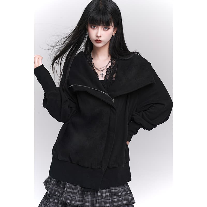 ビッグカラーフーデッドジップアップジャケット　ハイネック　レディース　S M