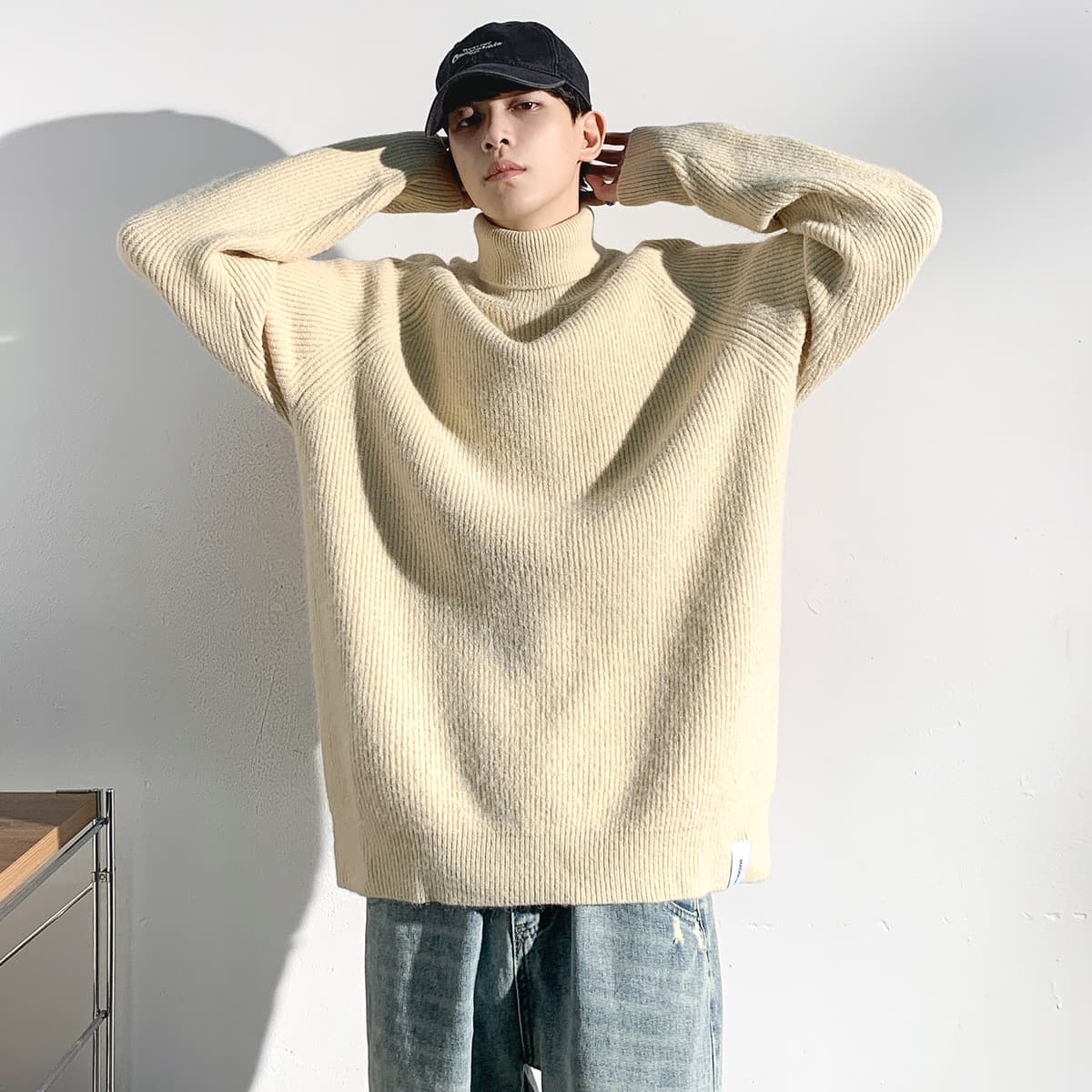 ゆったりシルエット畦編みタートルネックニット　メンズ　S~XXL