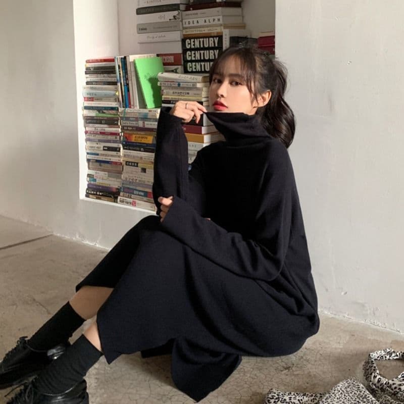 タートルネック　レディース　長袖　 ゆったり薄手 シルエットワンピース S〜2XL