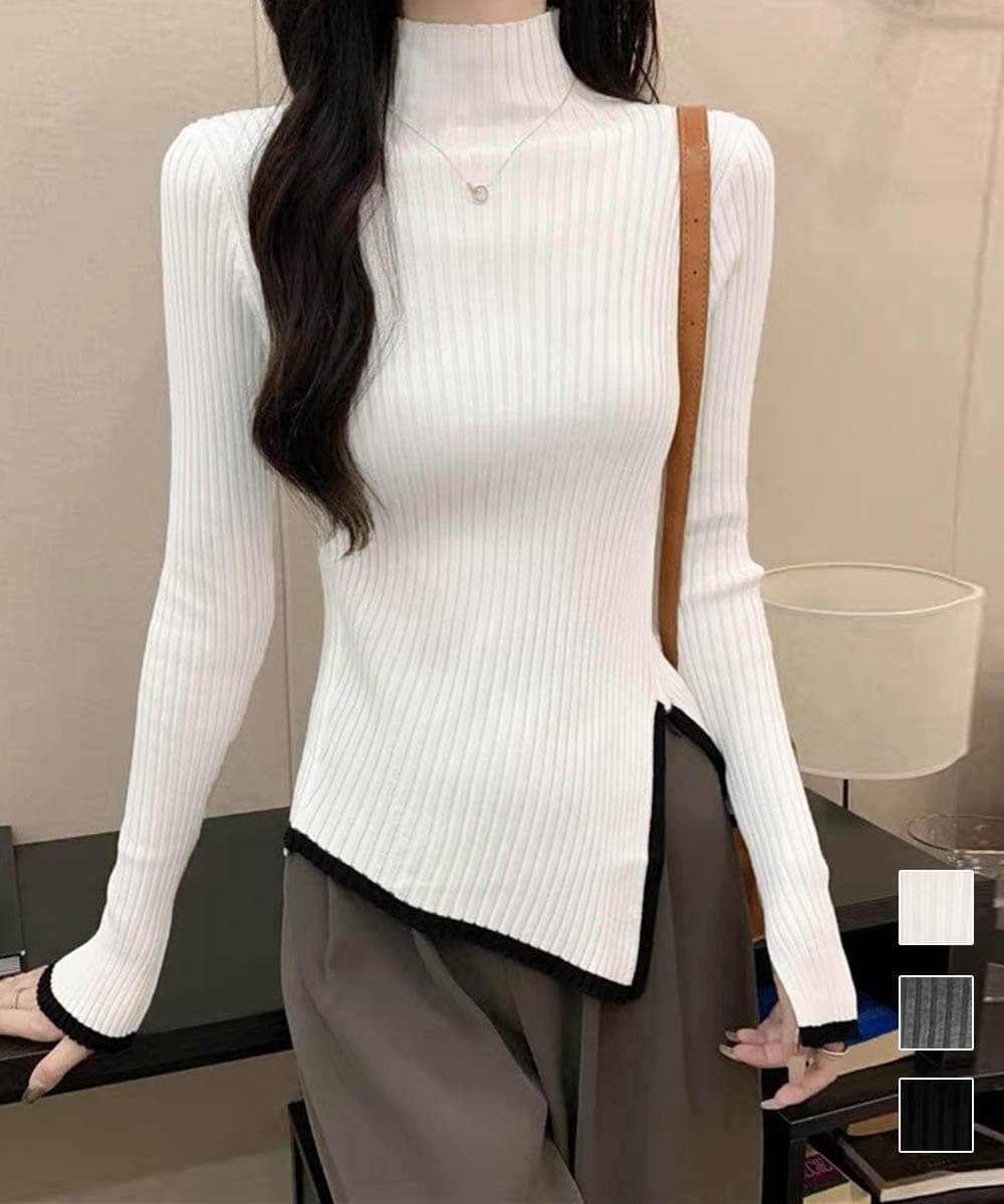 【骨格ストレート】1枚でラインがきれいに見える ハイネックリブトップス　レディース　長袖