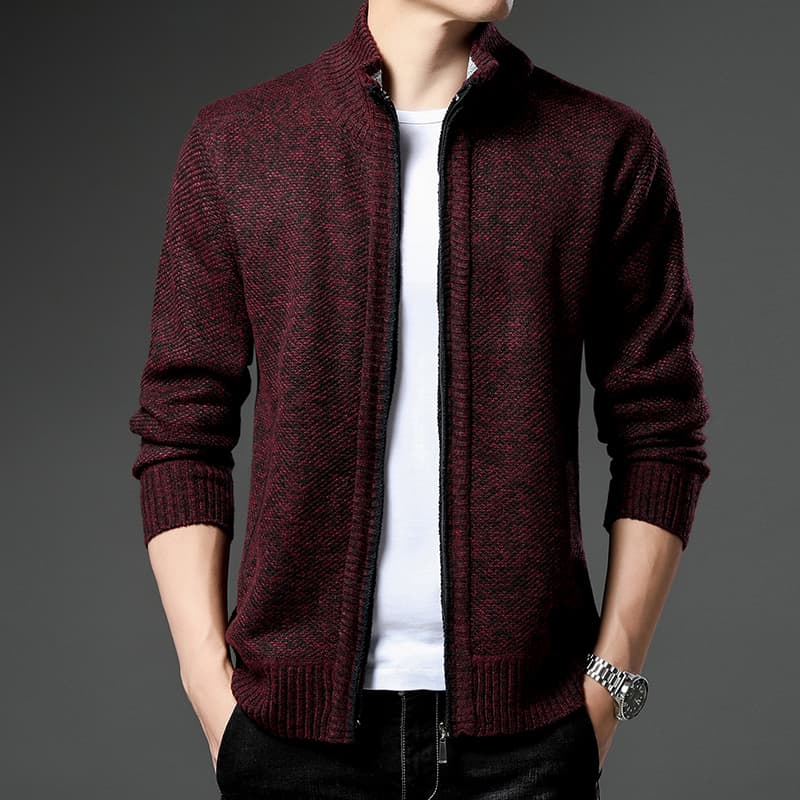 タートルネック　メンズ　長袖　裏起毛ケーブル編みジップアップニット　ジャケット　M~3XL