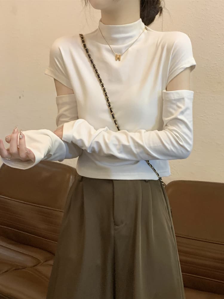 タートルネック　レディース　長袖　 重ね着風 袖分離 薄手トップス S〜L