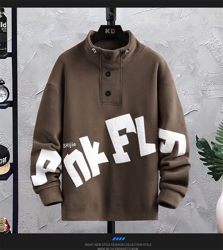 立体文字プリントハーフボタンタートルネックジャケット　M〜3XL　メンズ　長袖