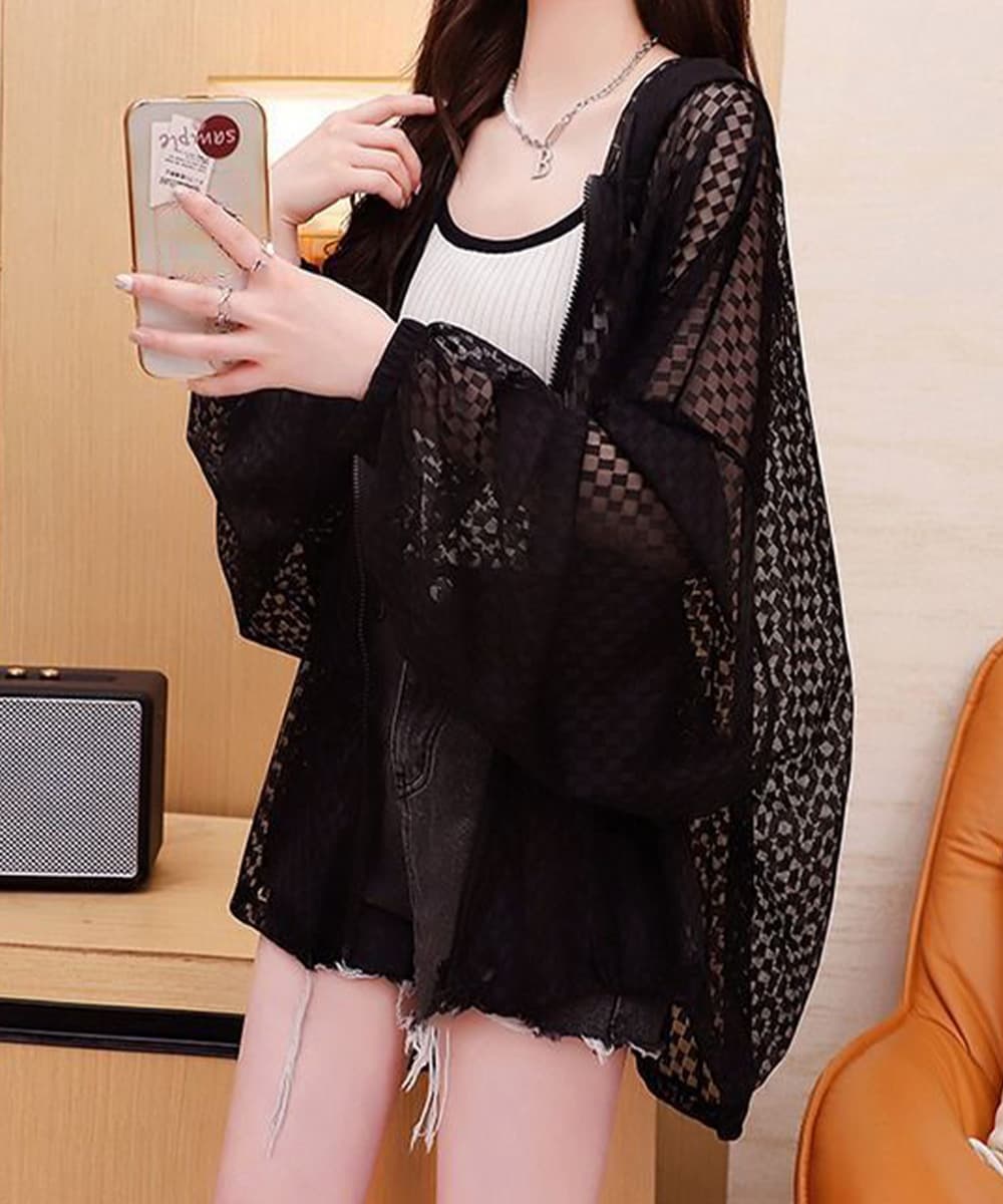 タートルネック フード付き透け感シアーカーディガン 夏用羽織り