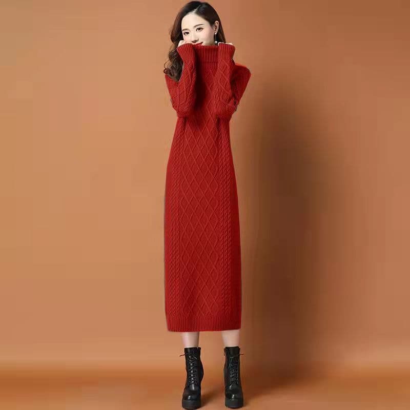 【骨格ストレート】立体ダイヤ柄編みタートルネックニットワンピース