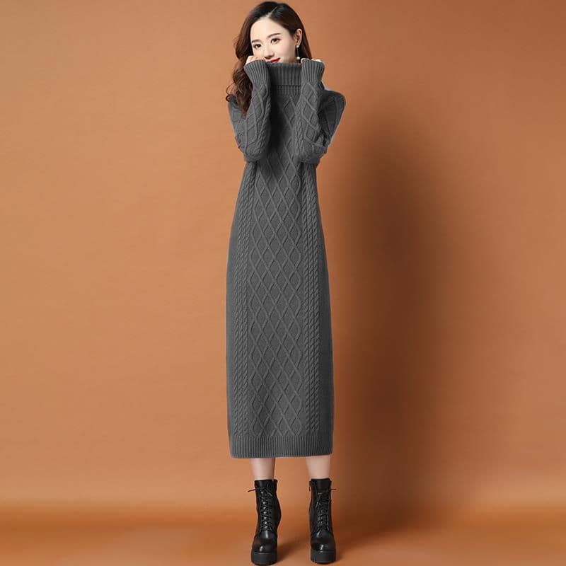 【骨格ストレート】立体ダイヤ柄編みタートルネックニットワンピース