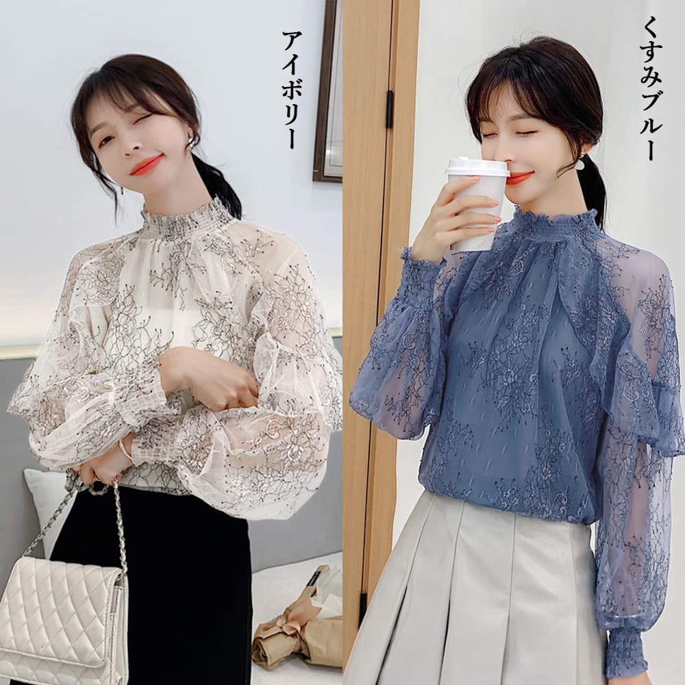 タートルネック　レディース　長袖　花柄シアー タートルネックシャツ レディース