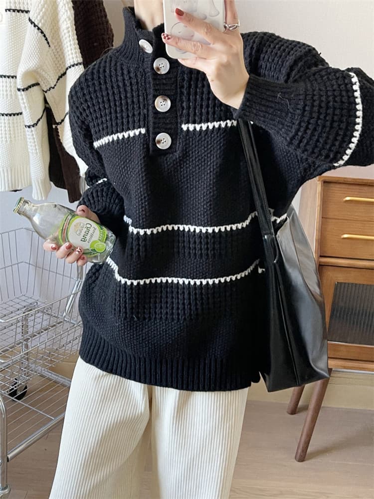 【骨格ナチュラル向け】タートルネック レディース 長袖｜ゆったりボーダー柄ニット