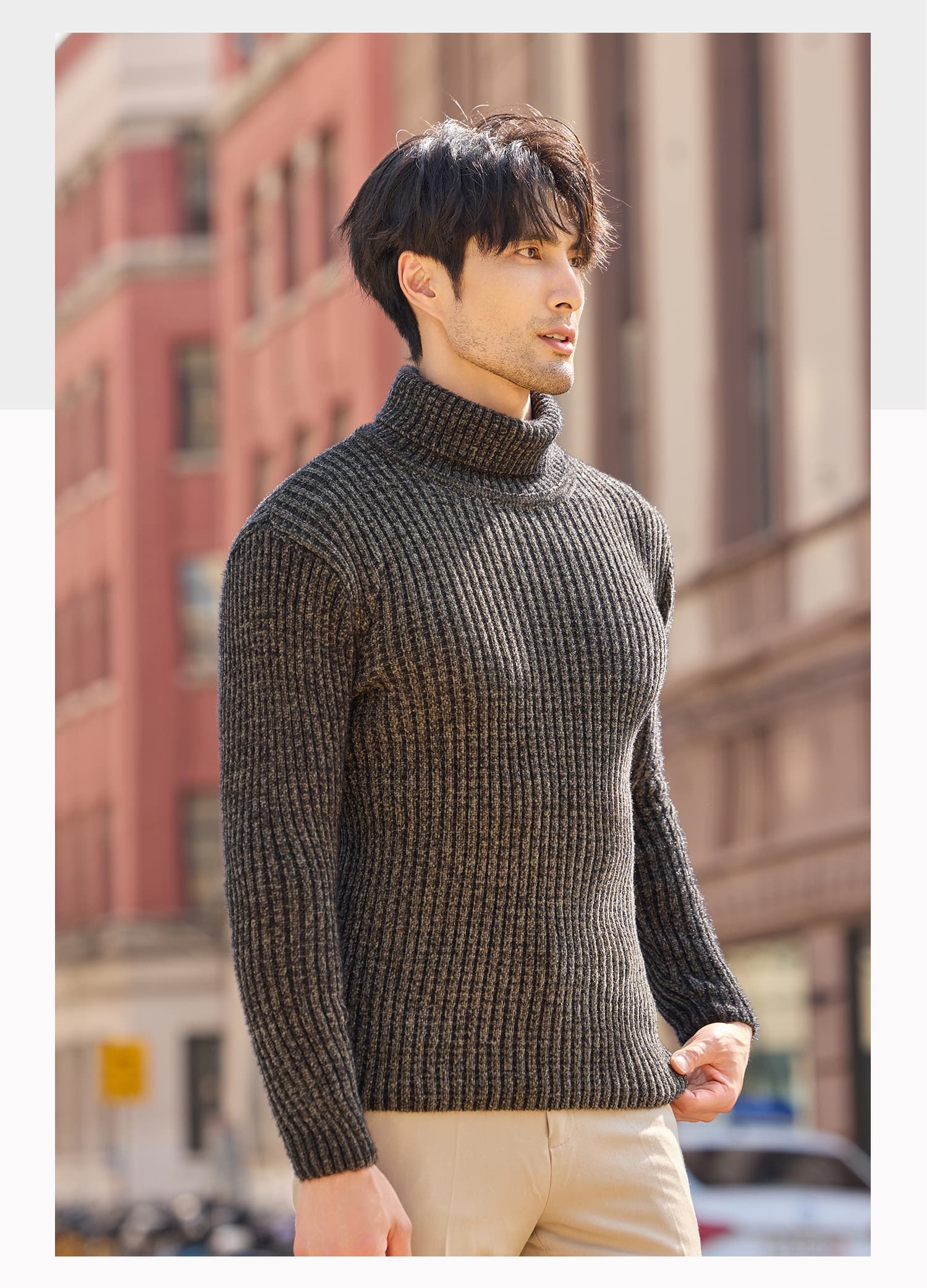 立体リブ編みタートルネックニットシャツ メンズ　長袖　M〜4XL　ぽっちゃり対応　大きいサイズ　チクチクしない