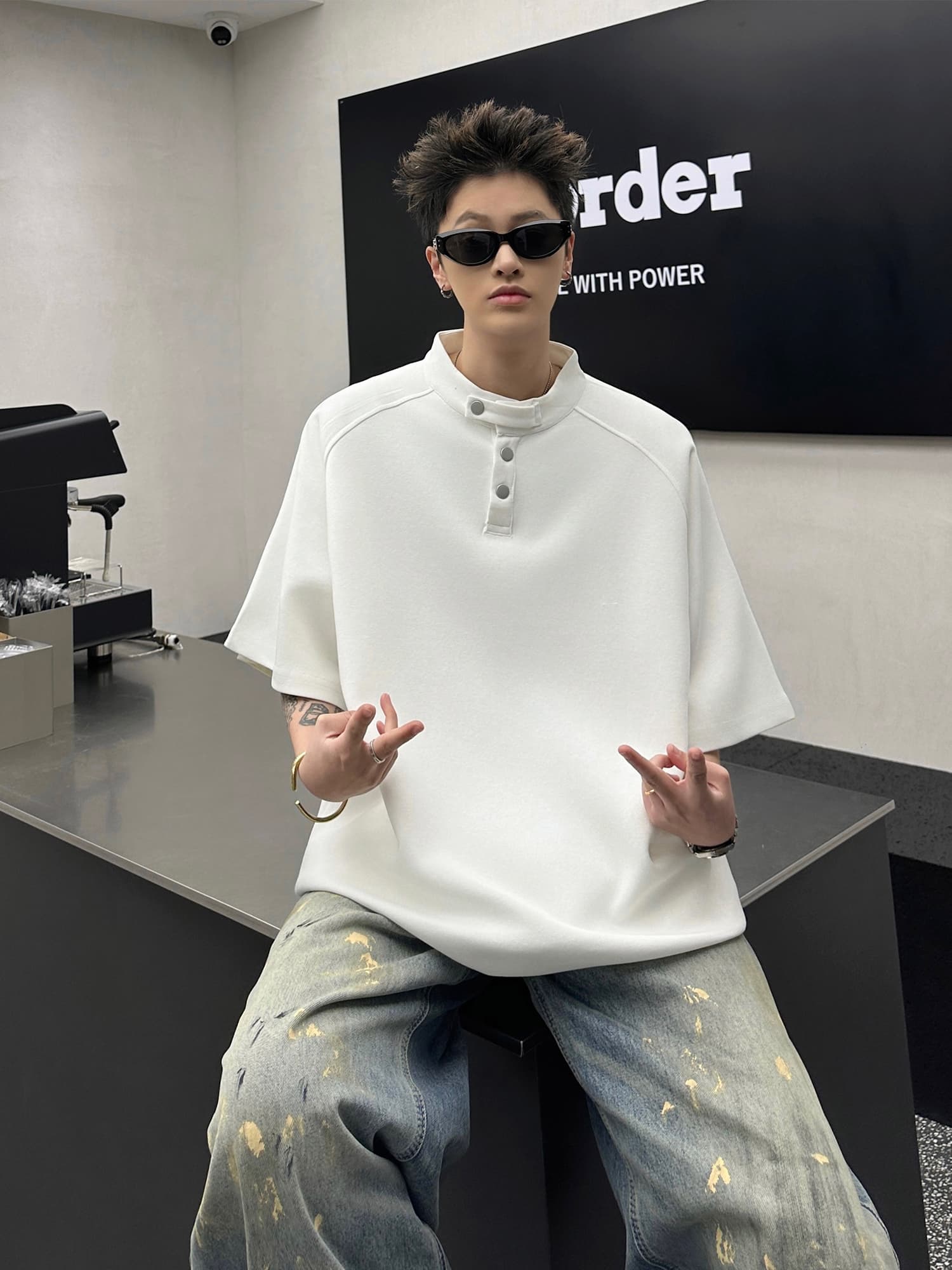 タートルネック 　メンズ　半袖　立ち襟ヘンリーネックプルオーバー M〜3XL