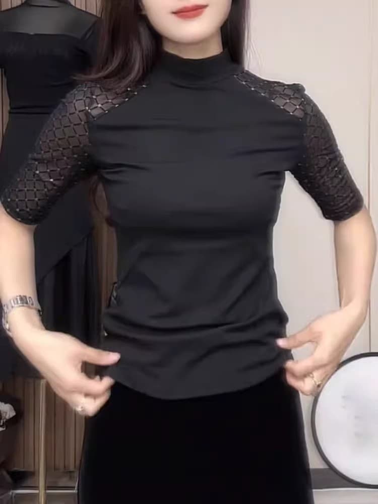 肩レース切替五分袖タートルネックシャツ　レディース　S〜3XL