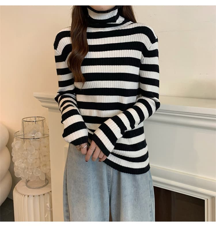 タートルネック　レディース　長袖　暖かいボーダー柄タートルネックシャツ レディース長袖ニット