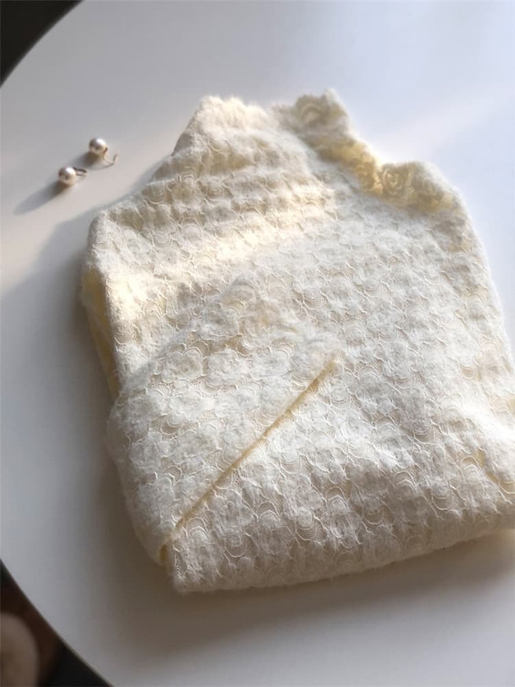 【骨格ナチュラル】花柄レース タートルネック シャツ 上品アイボリー　M L