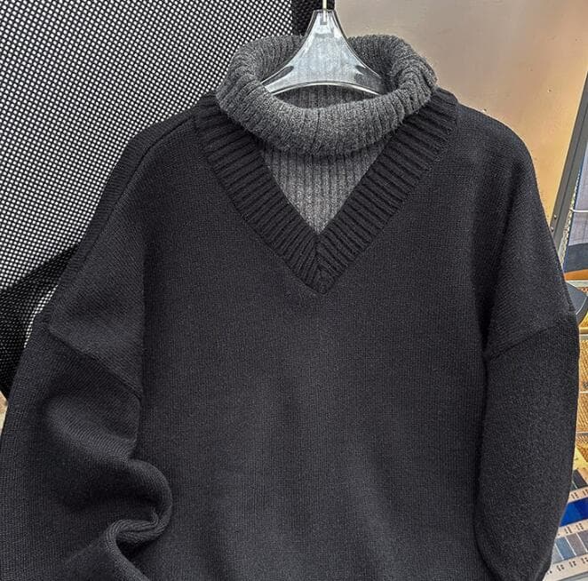配色切替タートルネック重ね着風セーター　メンズ　M〜2XL