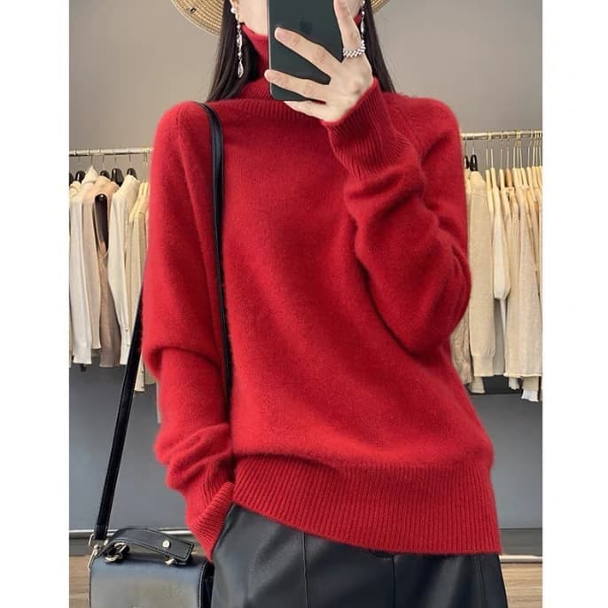 体型カバーゆったりニットタートルネックシャツ レディース　M XL