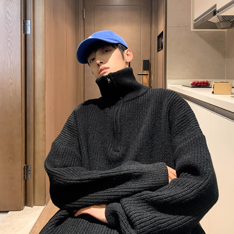 タートルネック メンズ　長袖　ハーフジップ リブ編み オーバーサイズニット　秋冬　M~2XL