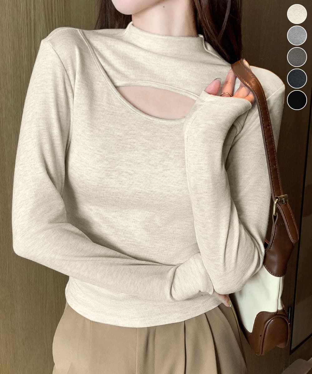 胸元カットアウトデザインタートルネックシャツ M~XL