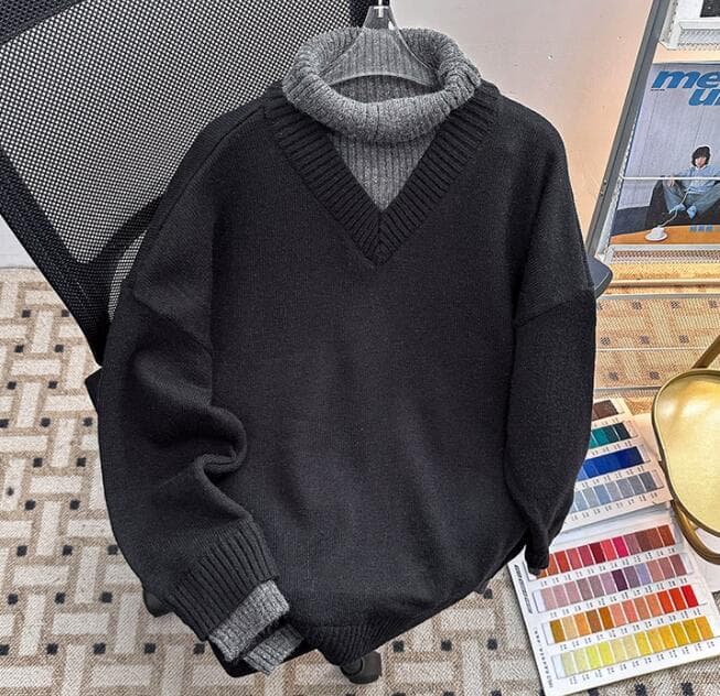 配色切替タートルネック重ね着風セーター　メンズ　M〜2XL
