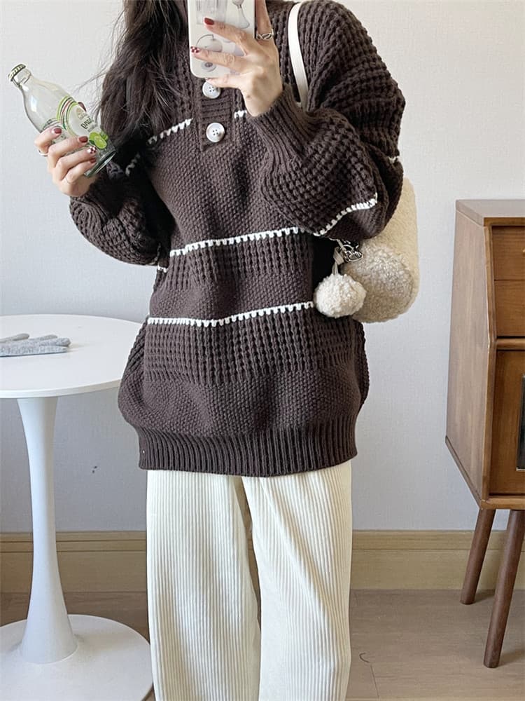 【骨格ナチュラル向け】タートルネック レディース 長袖｜ゆったりボーダー柄ニット