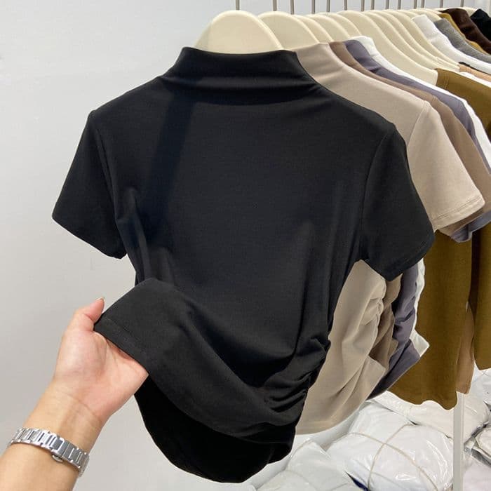 モックネック　レディース　半袖　 ギャザーデザイン 半袖カットソー　S~XL