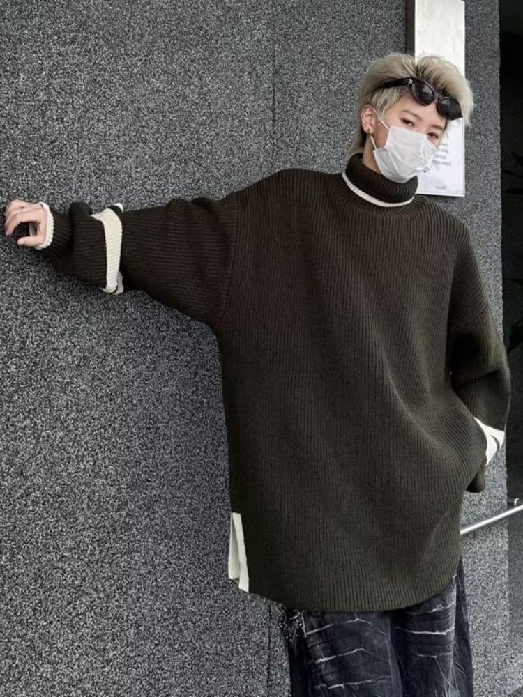 タートルネックレトロ風バイカラーリラックスセーター M~3XL