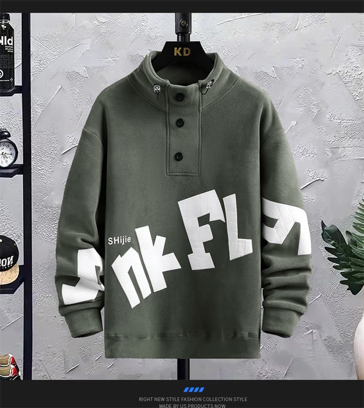 立体文字プリントハーフボタンタートルネックジャケット　M〜3XL　メンズ　長袖