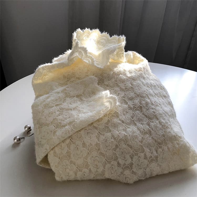 【骨格ナチュラル】花柄レース タートルネック シャツ 上品アイボリー　M L