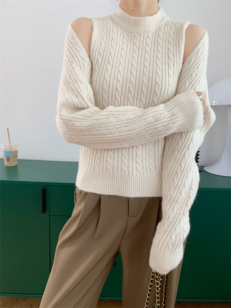 タートルネック　レディース　ノースリーブ　カーディガン　レトロ風 肩開き  ニットシャツ セット