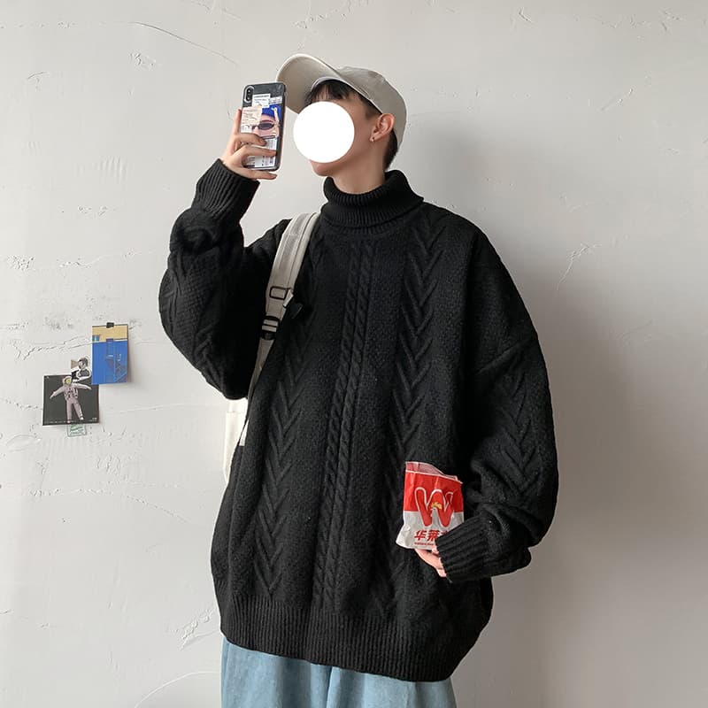 ケーブル編みゆったりオーバーサイズタートルネックセーター　M〜3XL　メンズ　長袖