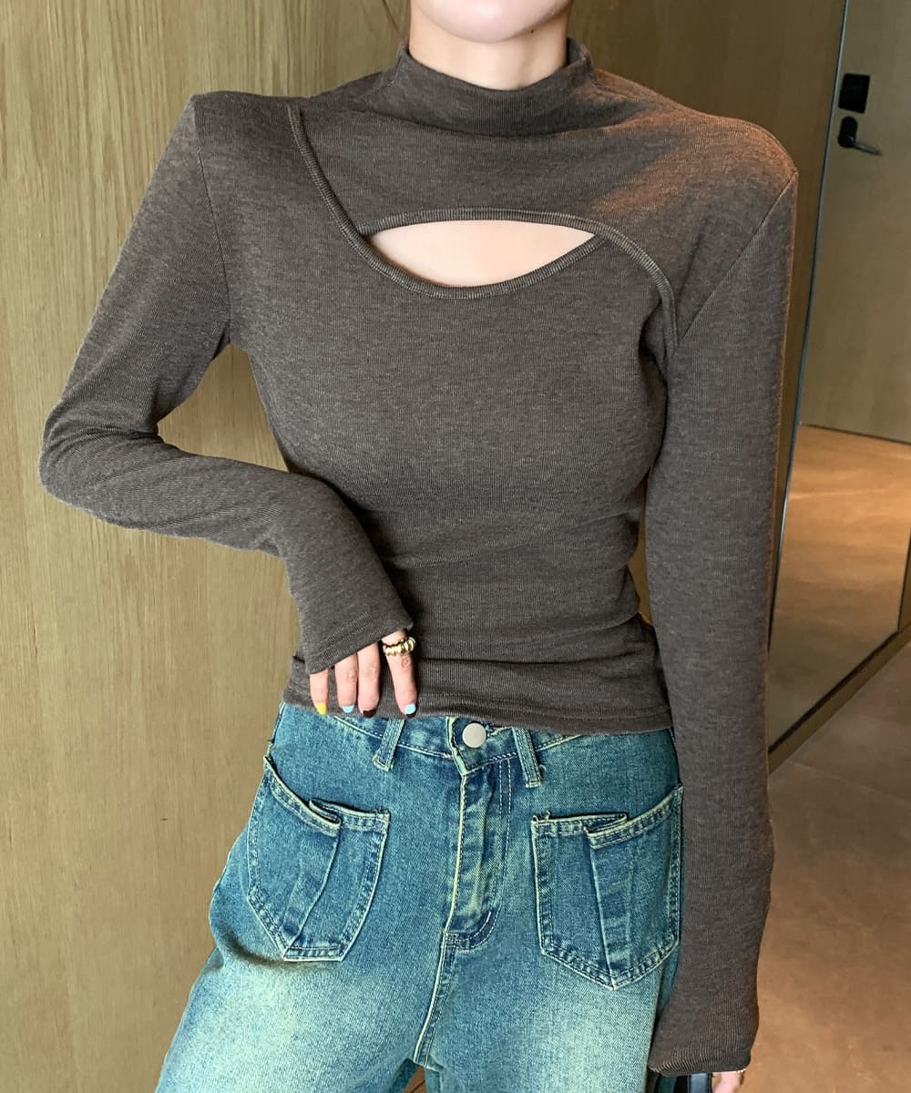 胸元カットアウトデザインタートルネックシャツ M~XL
