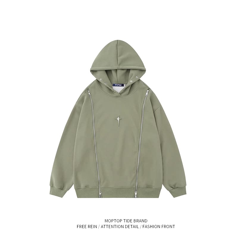 タートルネック　メンズ　長袖　星印ダブルジッパーパーカー S~2XL