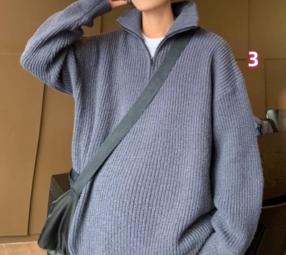 ゆったりリブ編みハーフジップタートルネックニットシャツ