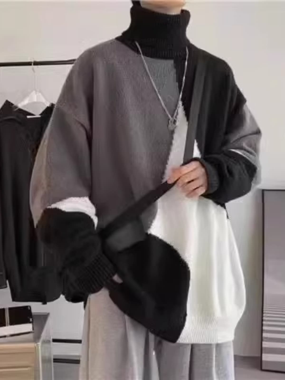 メンズ幾何学模様ゆったりタートルネックニットセーター　大きいサイズ　ぽっちゃり対応  S〜5XL